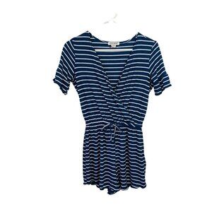 Billabong Navy Blue White Striped S SMALL Vneck Faux Wrapped Short Sleeve Romper